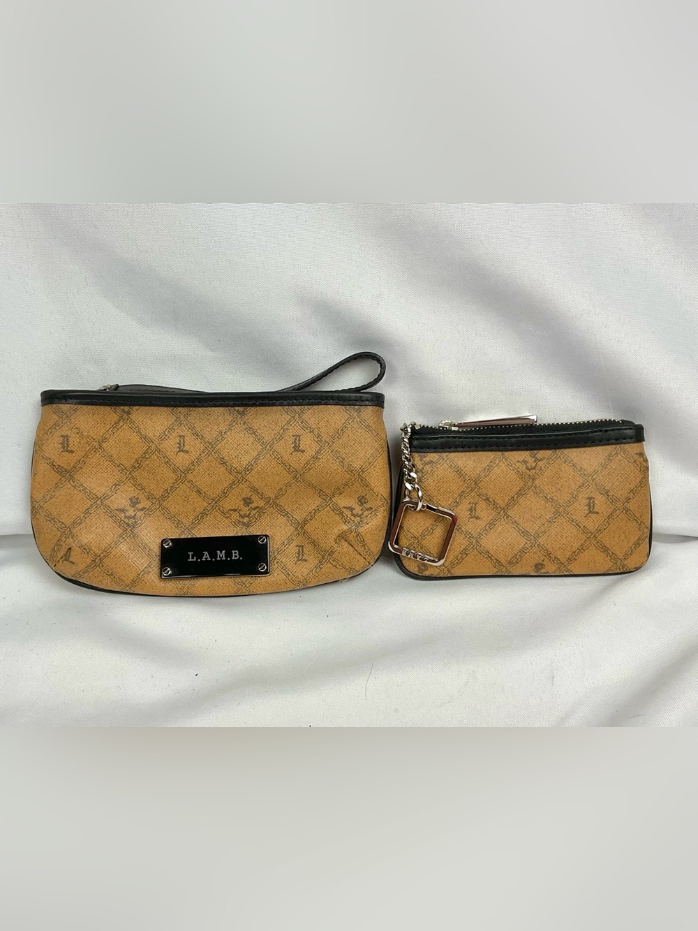 L.A.M.B. Logo Print Set Wristlet Pouch Coin Purse Brown Black NWOT Monogram